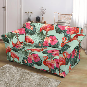Beautiful Flamingo Tropical Palm Leaves Hibiscus Pateern Background Loveseat Couch Slipcover