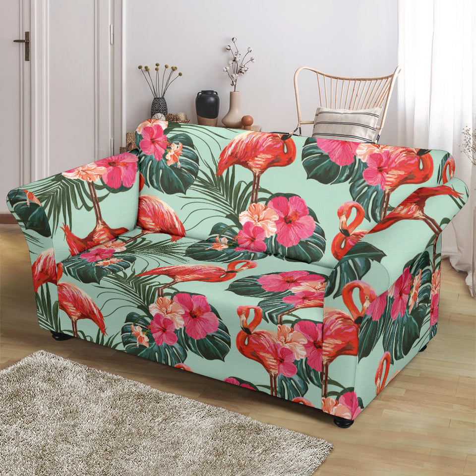 Beautiful Flamingo Tropical Palm Leaves Hibiscus Pateern Background Loveseat Couch Slipcover