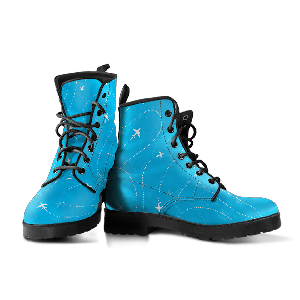 Airplane Destinations Blue Background Leather Boots