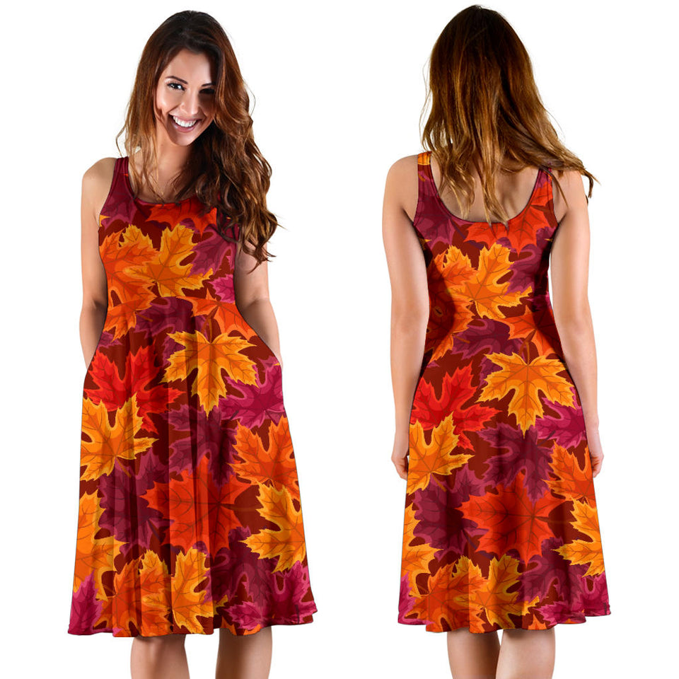 Autumn Maple Leaf Pattern Sleeveless Midi Dress