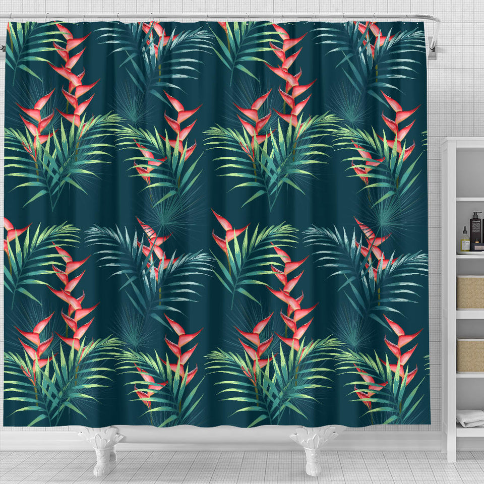 Heliconia Flowers, Palm And Monstera Leaves On Black Background Pattern Shower Curtain Fulfilled In US