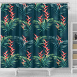 Heliconia Flowers, Palm And Monstera Leaves On Black Background Pattern Shower Curtain Fulfilled In US
