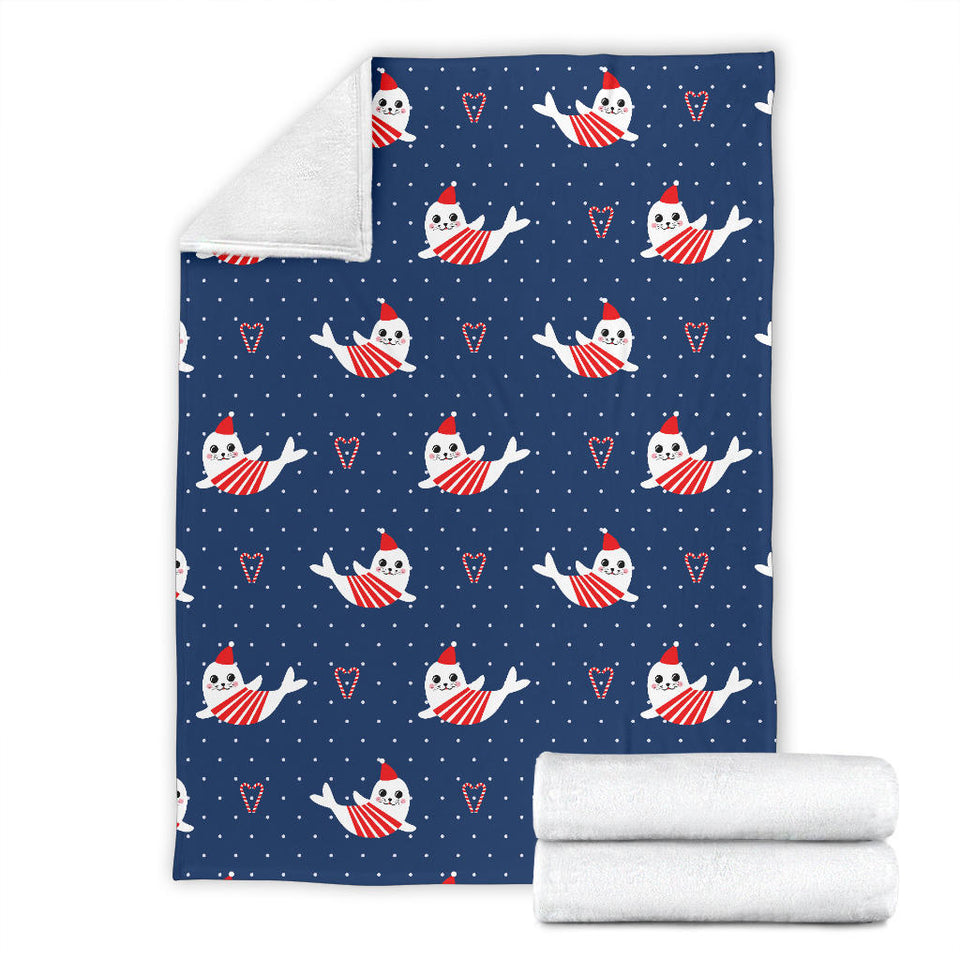 Cute Sea Lion Seal Christmas Hat Candy Cane Heart Pattern Premium Blanket
