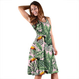 Toucan Tropical Green Jungle Palm Pattern Sleeveless Midi Dress