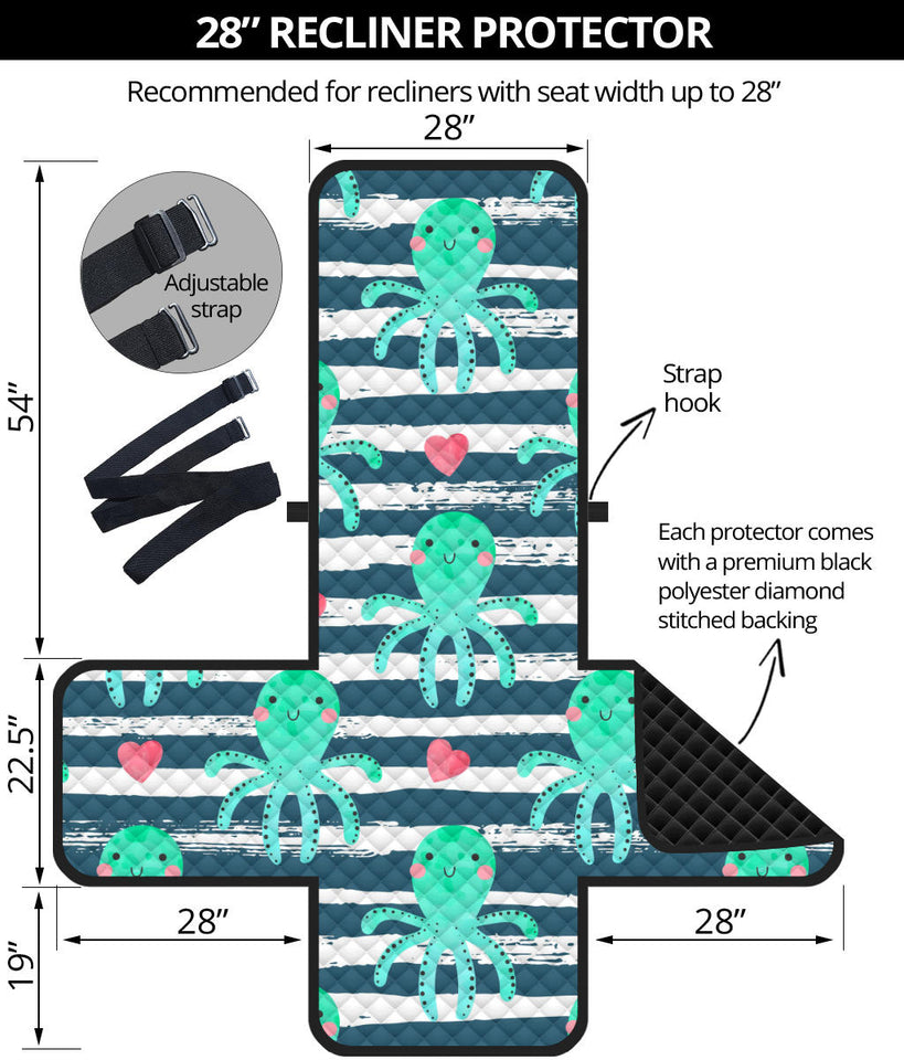 Cute octopuses heart striped background Recliner Cover Protector