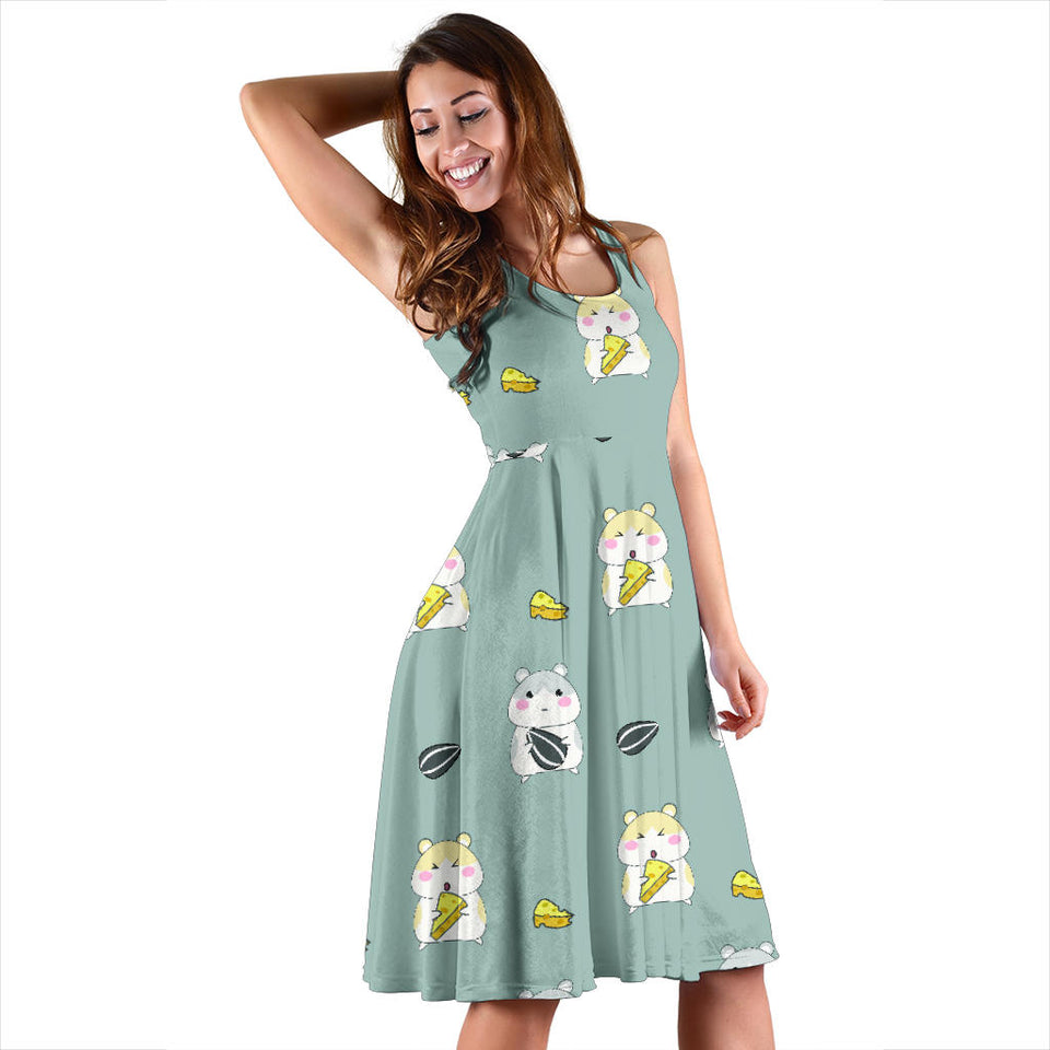Cute Hamster Cheese Pattern Sleeveless Midi Dress
