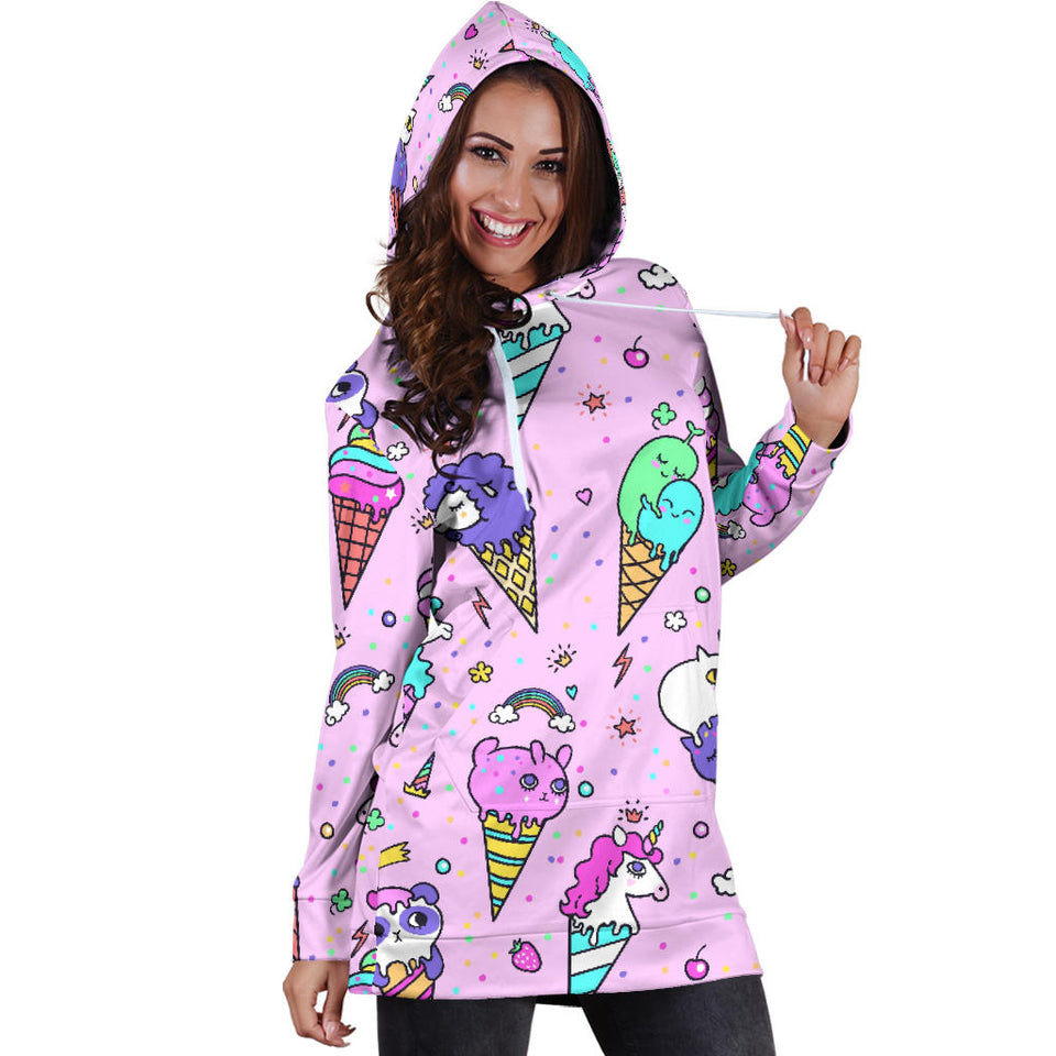 Cute Ice Cream Cone Animal Pattern Women'S Hoodie Dress