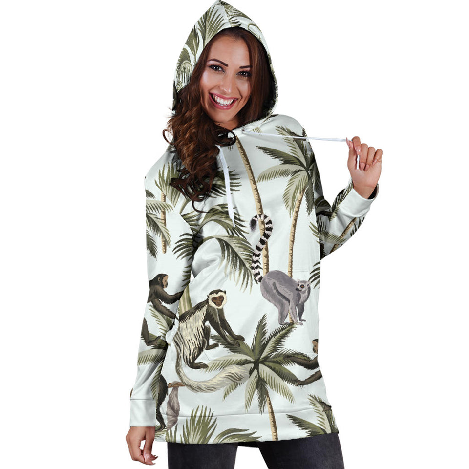 Monkey Sloth Lemur Palm Trees Pattern Women'S Hoodie Dress