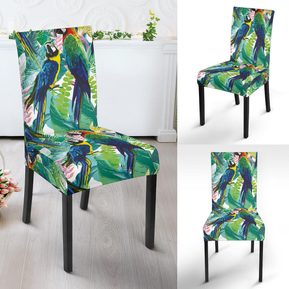 Colorful Parrot Exotic Flower Leaves Dining Chair Slipcover