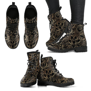 Luxurious Gold Lotus Waterlily Black Background Leather Boots