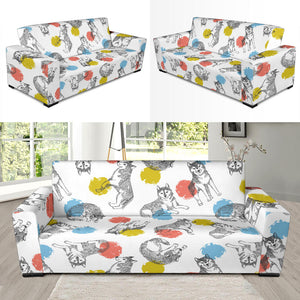 Siberian Husky And Colorful Circle Pattern Sofa Slipcover