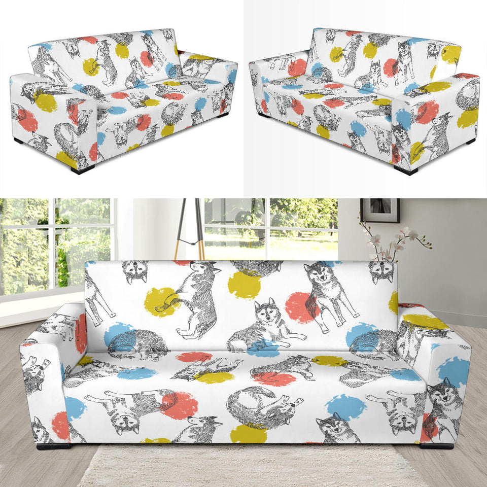 Siberian Husky And Colorful Circle Pattern Sofa Slipcover