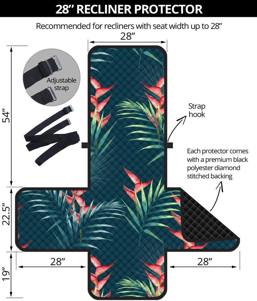 heliconia flowers, palm and monstera leaves on black background pattern Recliner Cover Protector