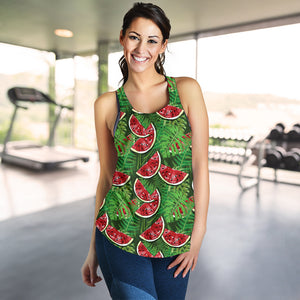 Watermelons tropical palm leaves pattern background Women Racerback Tank Top