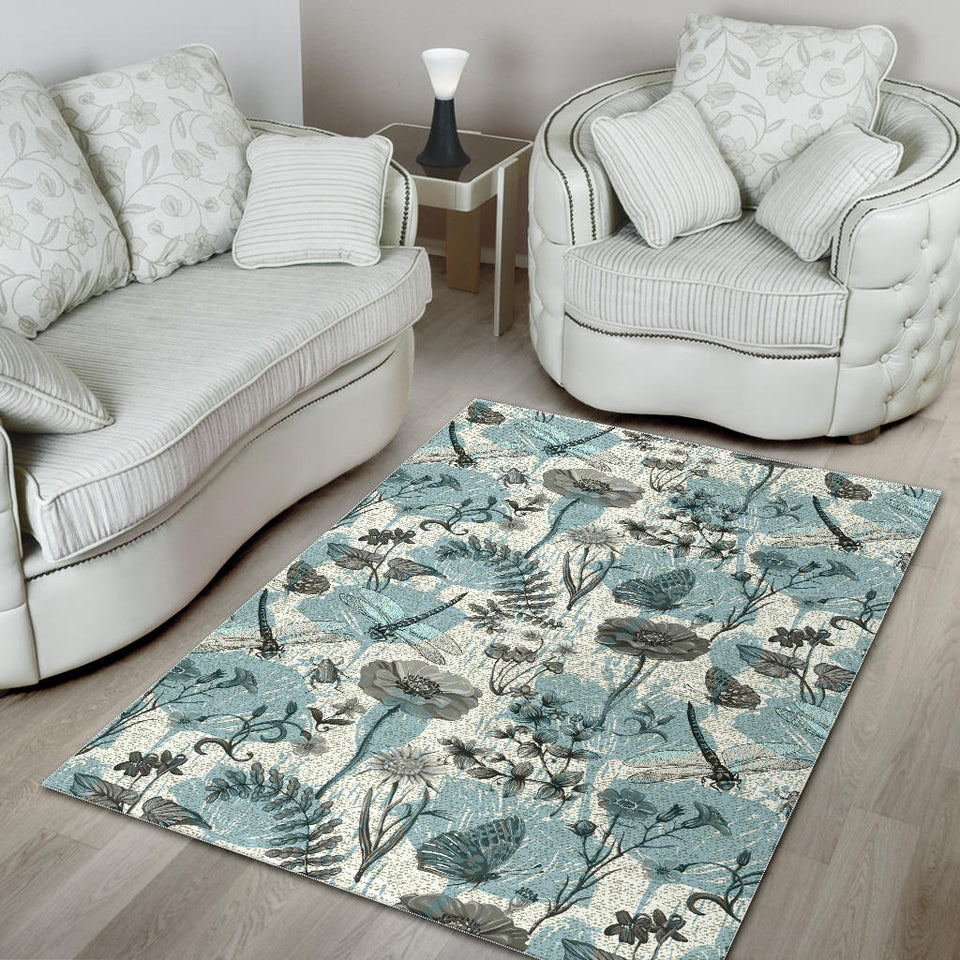 Dragonfly Butterfly Plants Insect Flower Vintage Style Pattern Area Rug