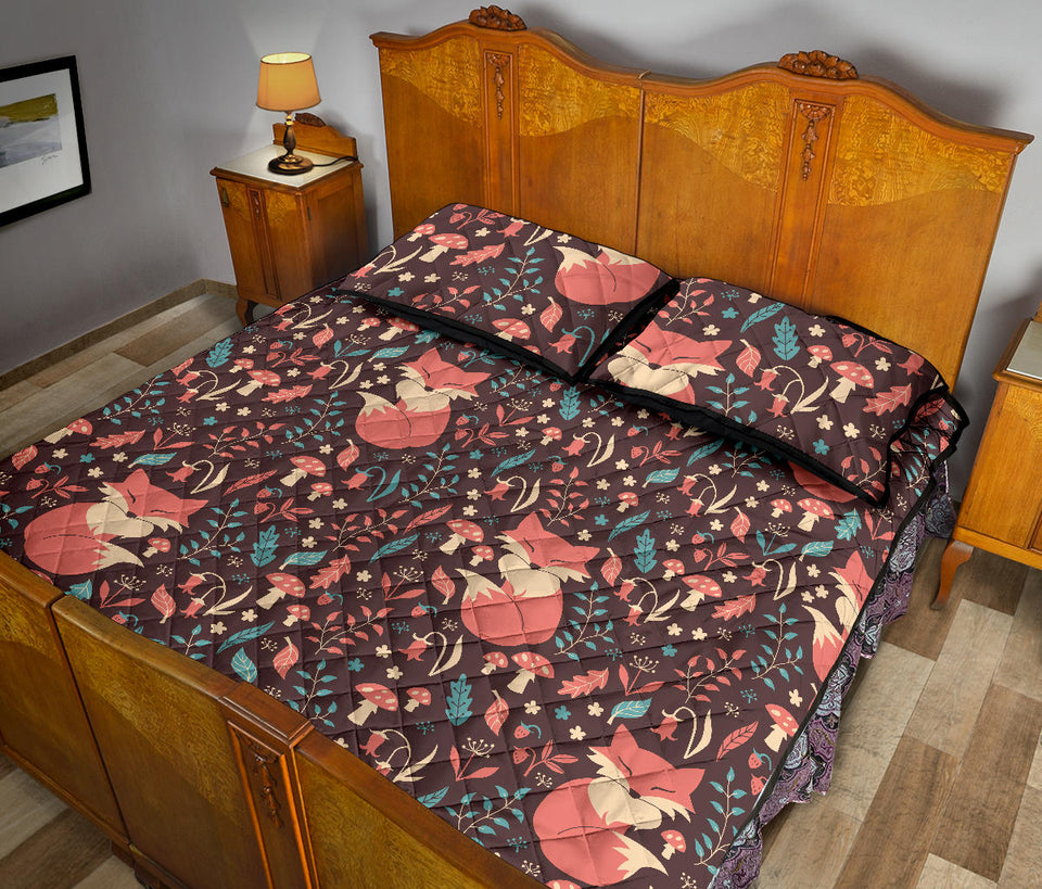 fox leaves mushroom pattern Quilt Bed Set