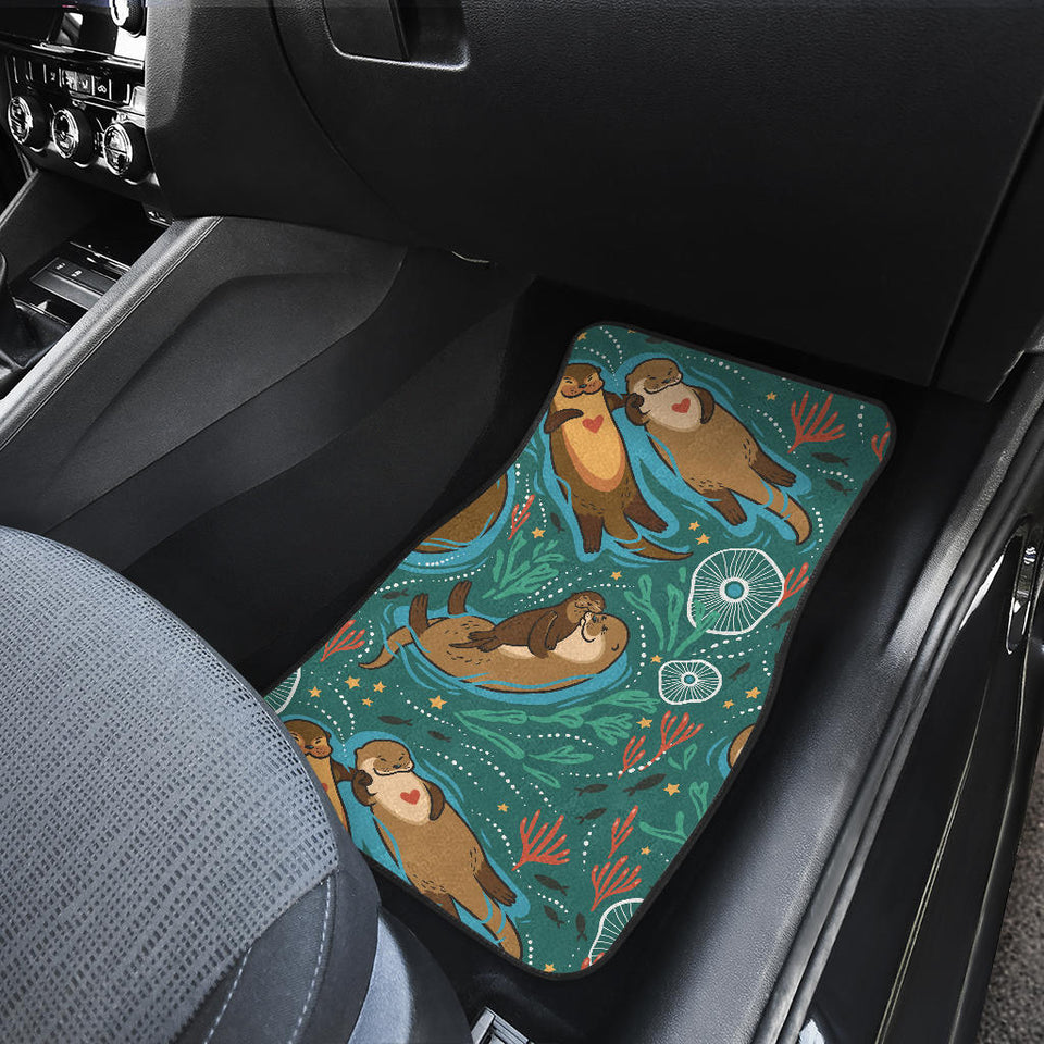 Cute Brown Sea Otters Ornamental Seaweed Corals Green Water Front And Back Car Mats