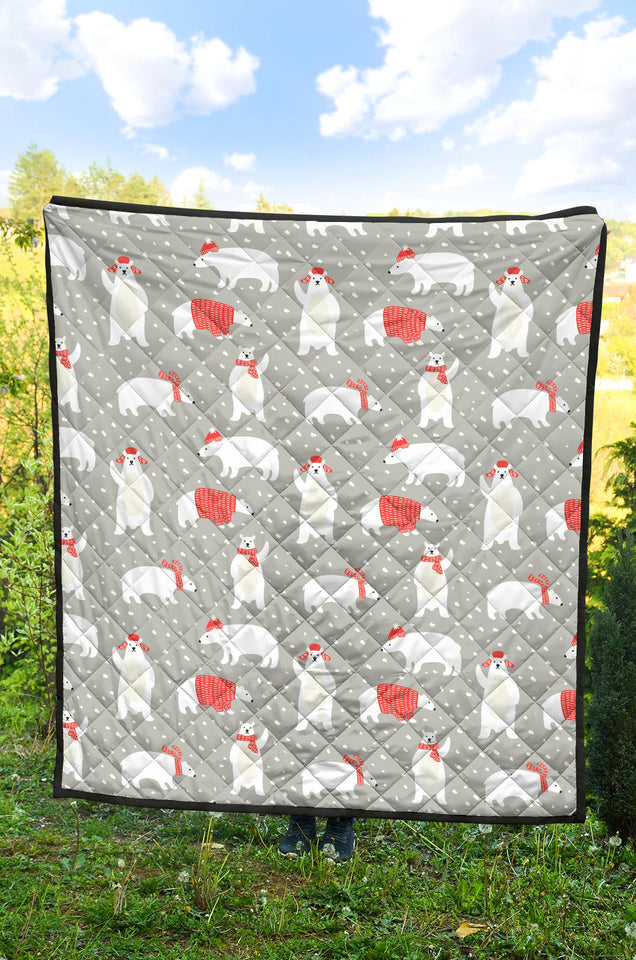 Cute Polar Bear Christmas Snow Pattern Premium Quilt