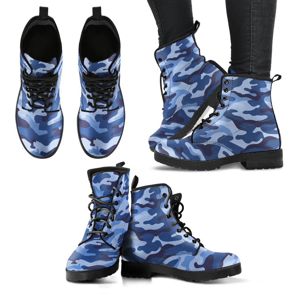Blue Camo Camouflage Pattern Leather Boots