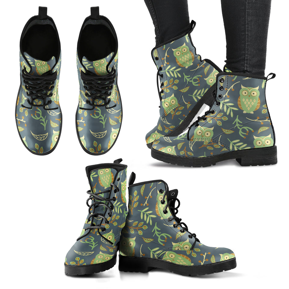 Cute Owls Leaves Pattern Leather Boots