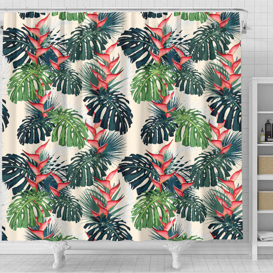 Heliconia Flowers, Palm And Monstera Leaves Shower Curtain Fulfilled In US