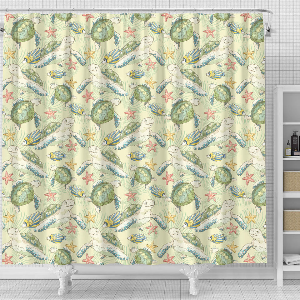 Hand Drawn Sea Turtle Fish Pattern Shower Curtain Fulfilled In US