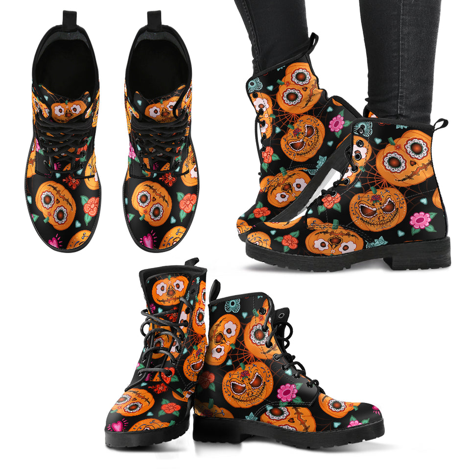 Pumpkin Flowers Spiderweb Halloween Theme Leather Boots