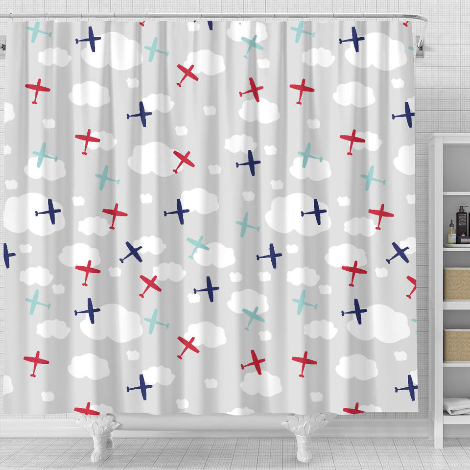 Airplane Cloud Grey Background Shower Curtain Fulfilled In US
