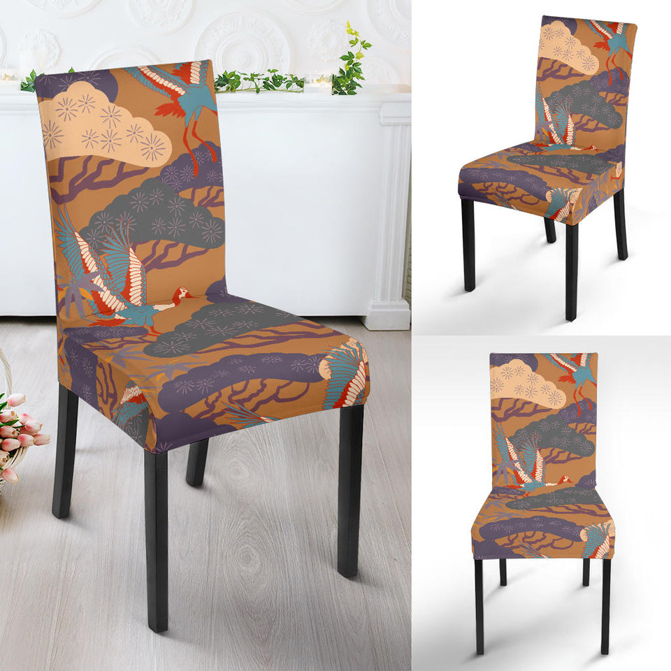 Bonsai Bamboo Stork Japanese Pattern Brown Theme Dining Chair Slipcover