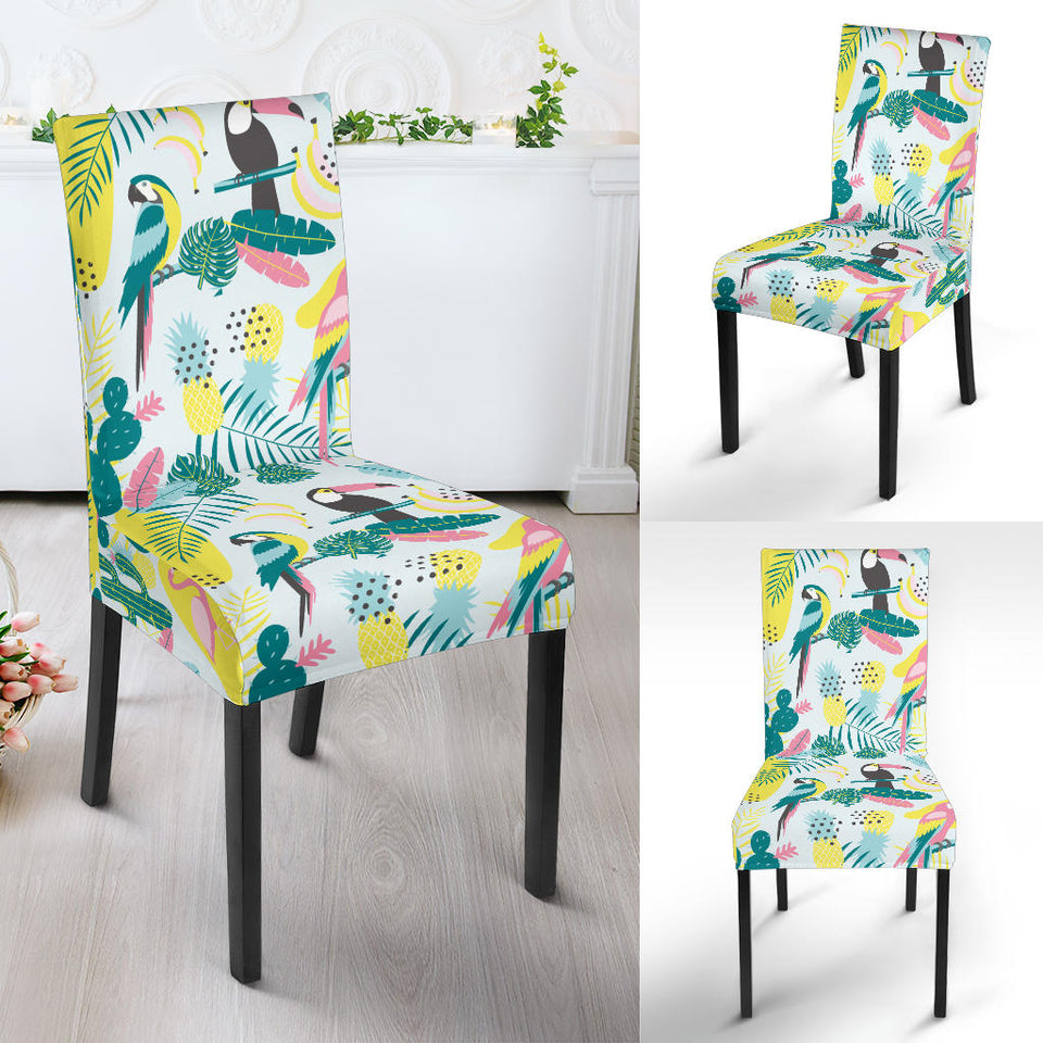 Cute Parrot Toucan Flamingo Cactus Exotic Leaves Pattern Dining Chair Slipcover