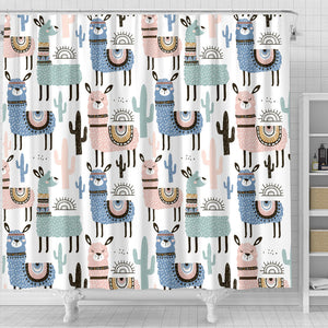 Lama Alpaca Cactus Hand Drawn Pattern Shower Curtain Fulfilled In US