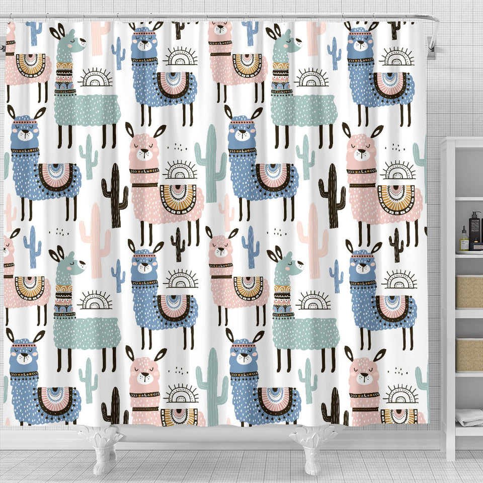 Lama Alpaca Cactus Hand Drawn Pattern Shower Curtain Fulfilled In US