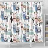 Lama Alpaca Cactus Hand Drawn Pattern Shower Curtain Fulfilled In US
