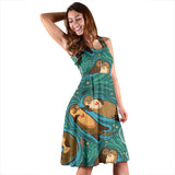 Cute Brown Sea Otters Ornamental Seaweed Corals Green Water Sleeveless Midi Dress