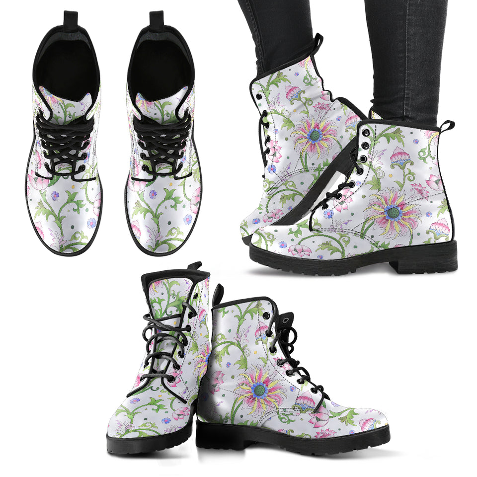 Beautiful Pink Lotus Waterlily Leaves Pattern Leather Boots