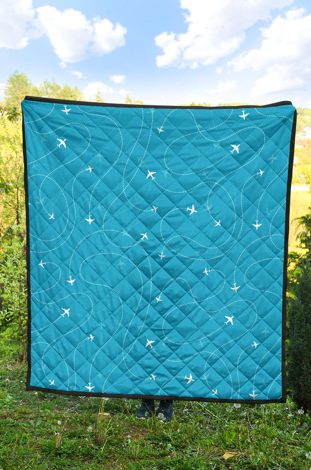 Airplane Destinations Blue Background Premium Quilt