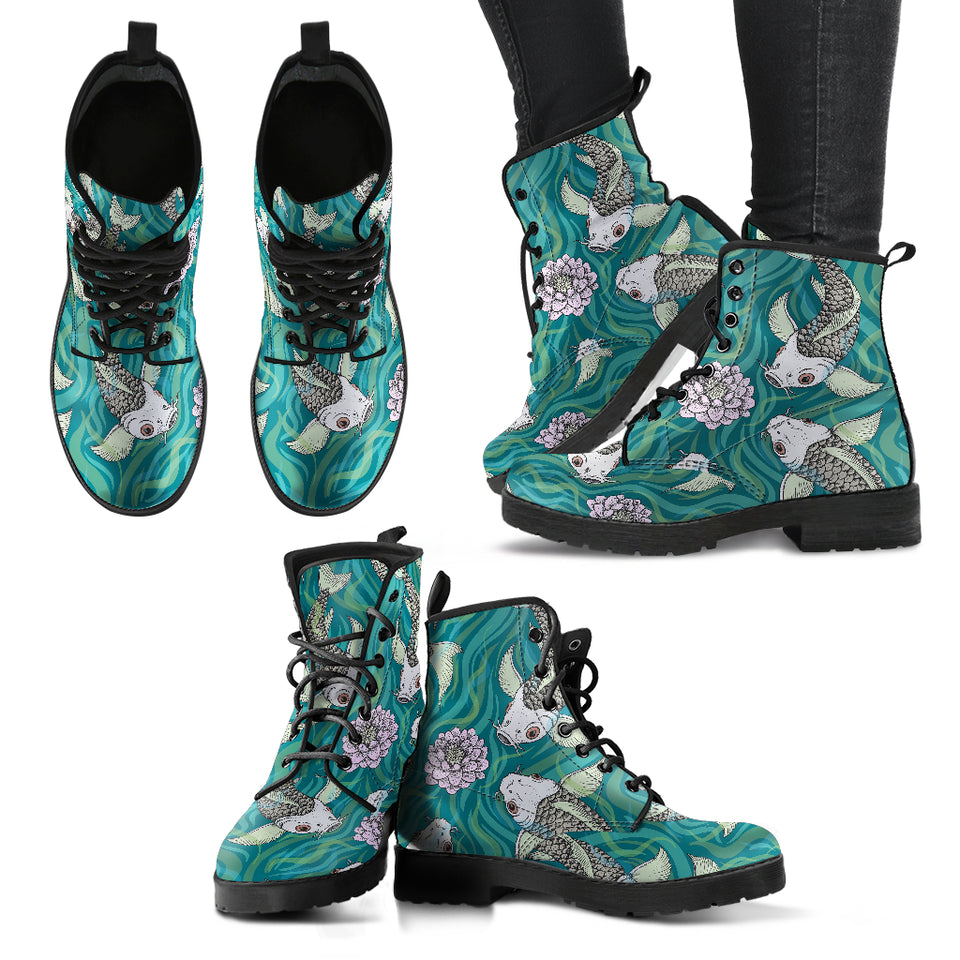 Koi Fish Carp Fish Lotus Pattern Leather Boots