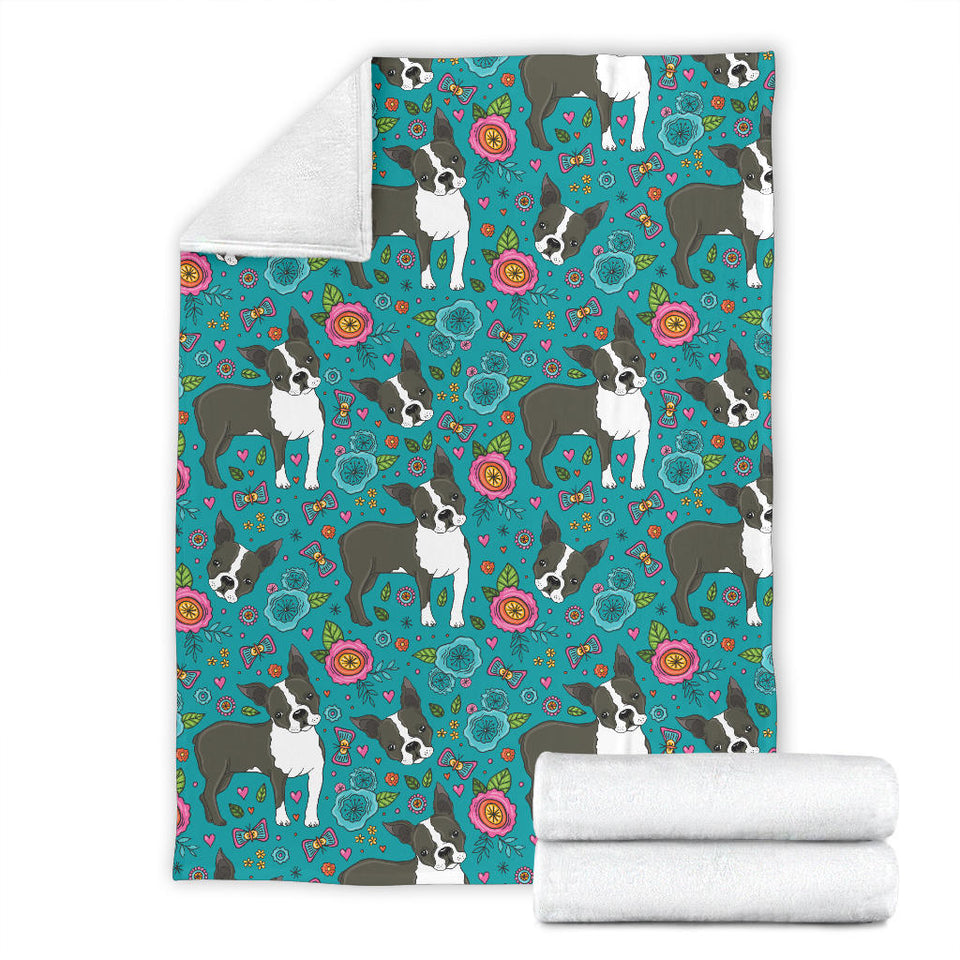 Boston Terrier Beautiful Flower Pattern Premium Blanket