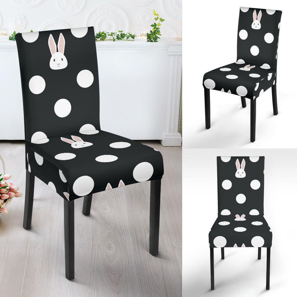 Cute White Rabbit Polka Dots Black Background Dining Chair Slipcover