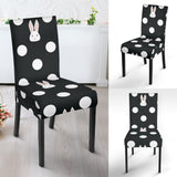 Cute White Rabbit Polka Dots Black Background Dining Chair Slipcover