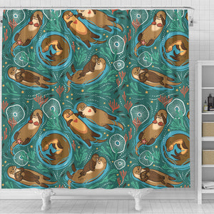 Cute Brown Sea Otters Ornamental Seaweed Corals Green Water Shower Curtain Fulfilled In US