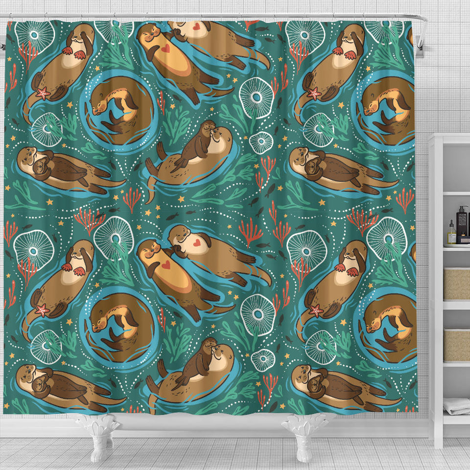 Cute Brown Sea Otters Ornamental Seaweed Corals Green Water Shower Curtain Fulfilled In US