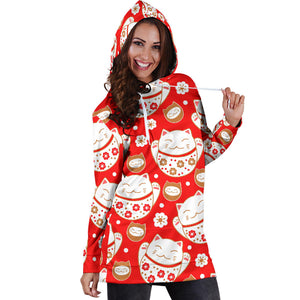 Cute Maneki Neko Lucky Cat Red Background Women'S Hoodie Dress