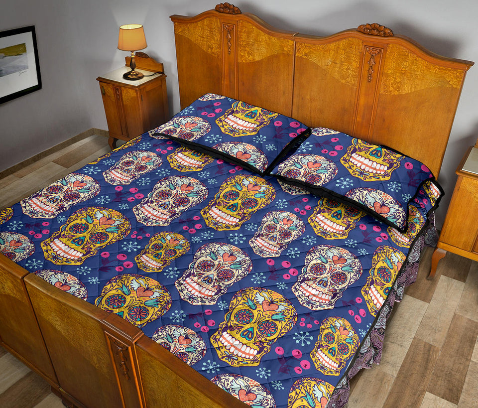 Sugar skull flower pattern Quilt Bed Set
