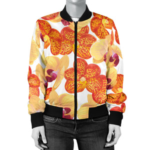 Orange Yellow Orchid Flower Pattern Background Women'S Bomber Jacket