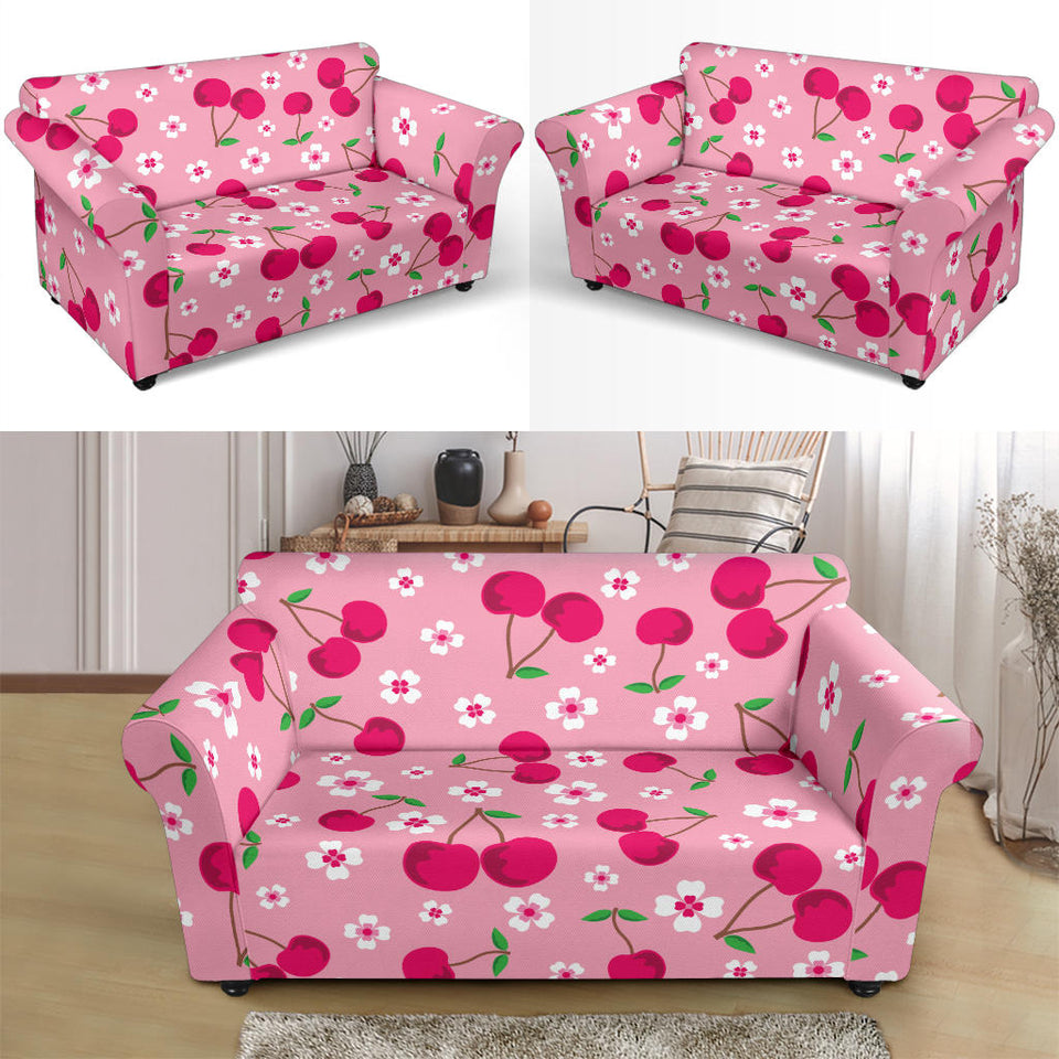 Cherry Flower Pattern Pink Background Loveseat Couch Slipcover