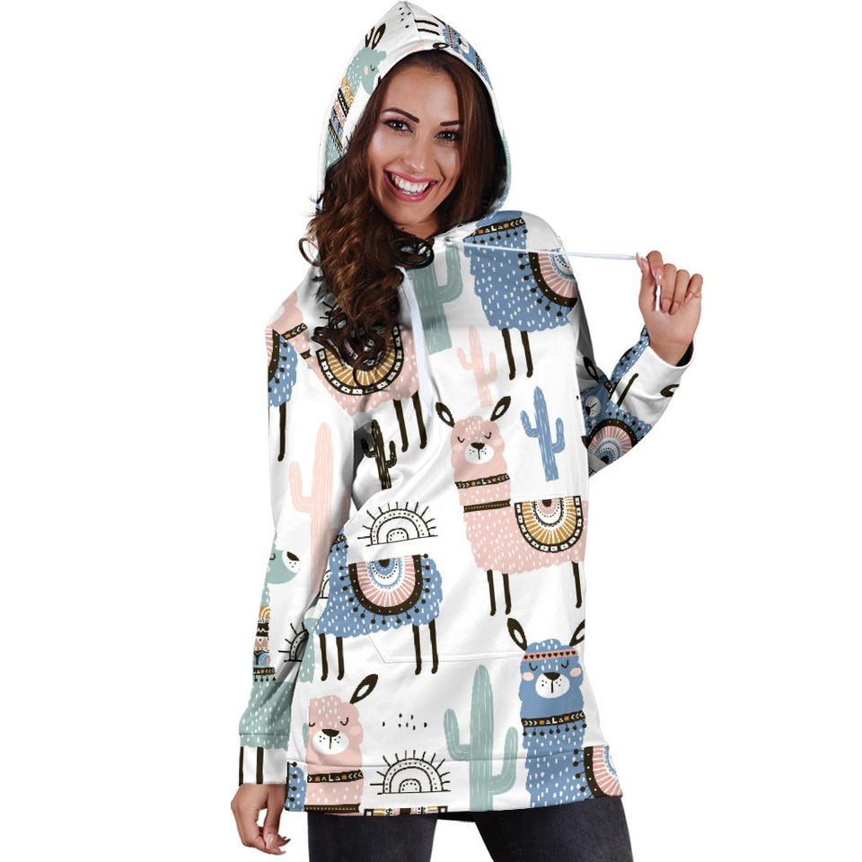 Lama Alpaca Cactus Hand Drawn Pattern Women'S Hoodie Dress