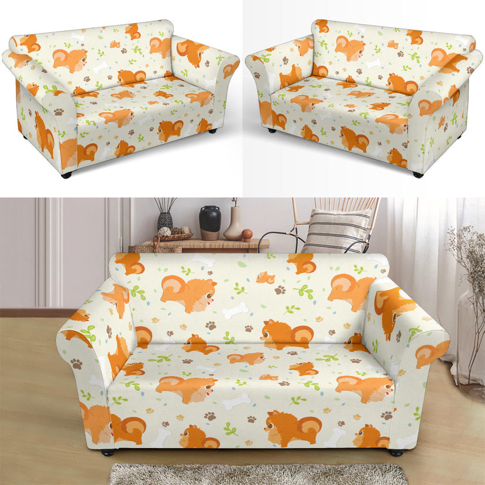 Cute Brown Pomeranian Paw Leave Bone Pattern Loveseat Couch Slipcover