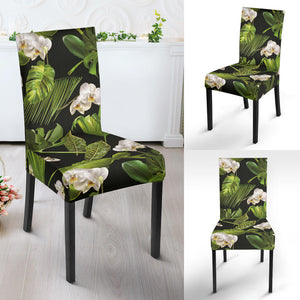 White Orchid Flower Tropical Leaves Pattern Blackground Dining Chair Slipcover