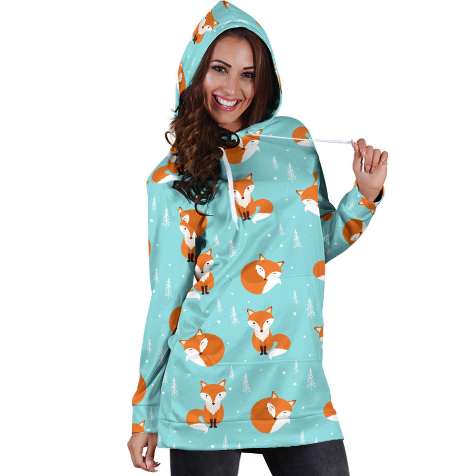 Fox Pattern Blue B Ackground Women'S Hoodie Dress